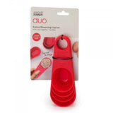 Red Joseph Joseph Duo 4Pc Measuring Cup Set with nesting design and clip-together handles for easy, efficient storage.