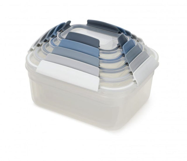 5-piece Joseph Joseph Nest Lock container set in Sky, featuring nesting design, color-coded lids, and airtight, leak-proof functionality.