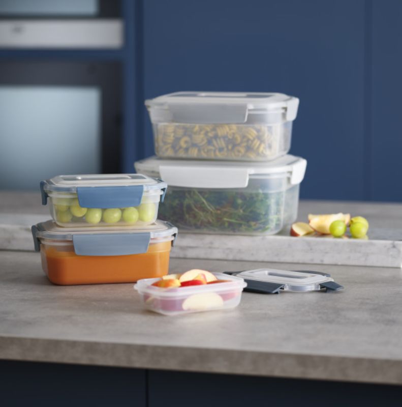 Joseph Joseph Nest Lock 5-piece container set in Sky, featuring nesting design, color-coded lids, and airtight seal for food storage.