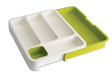 Joseph Joseph DrawerStore Cutlery Tray in White/Green, featuring adjustable compartments for organized kitchen utensils.