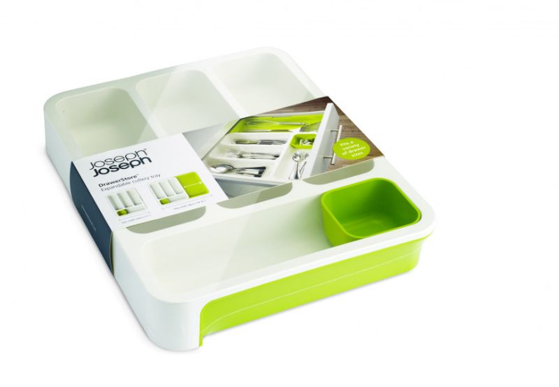 Joseph Joseph DrawerStore Cutlery Tray in White/Green with adjustable design and multiple compartments for organized kitchen storage.