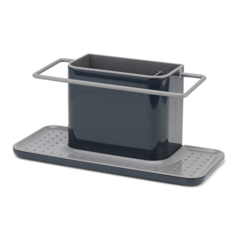 Large dark grey kitchen caddy with compartments for dish soap, sponges, and drying space for cloths, ensuring organized washing up.