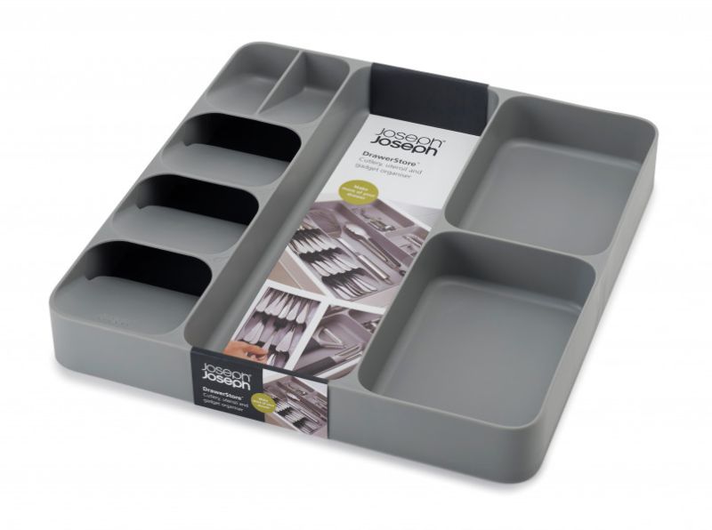 Joseph Joseph DrawerStore organiser in grey, featuring five cutlery compartments and three deep sides for gadgets, maximizing kitchen space.