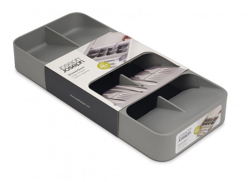 Joseph Joseph DrawerStore in Grey with layered compartments for 48+ cutlery, featuring icons and non-slip feet for organization.