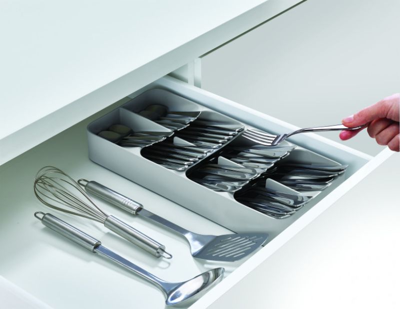 Joseph Joseph DrawerStore in grey, a compact cutlery organizer with layered compartments for efficient storage and easy access.