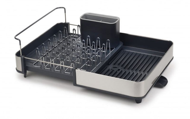 Joseph Joseph Extend Steel Dish Rack in Grey with adjustable size, non-scratch prongs, and efficient water drainage design.