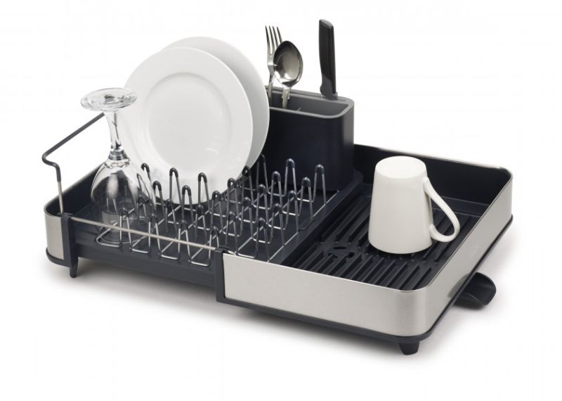 Joseph Joseph Extend Steel Dish Rack in grey with adjustable size, non-scratch prongs, and efficient water drainage design.