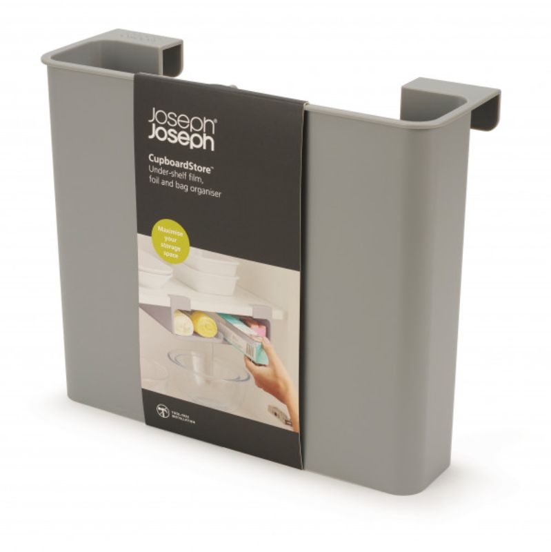 Joseph Joseph CupboardStore in grey for organizing foil, film, and bags; space-saving design with easy 3M tape installation.