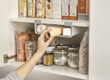 Joseph Joseph CupboardStore in Grey, a sleek organizer for film, foil, and bags, maximizing kitchen cupboard space.