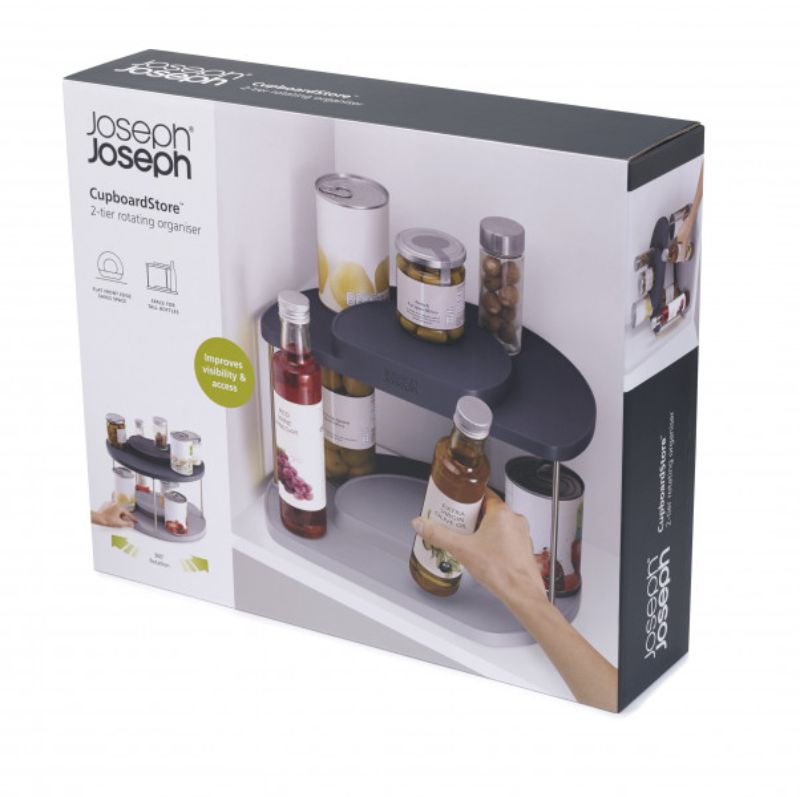 Grey 2-tier rotating organiser by Joseph Joseph for efficient kitchen and pantry storage, enhancing visibility and access.