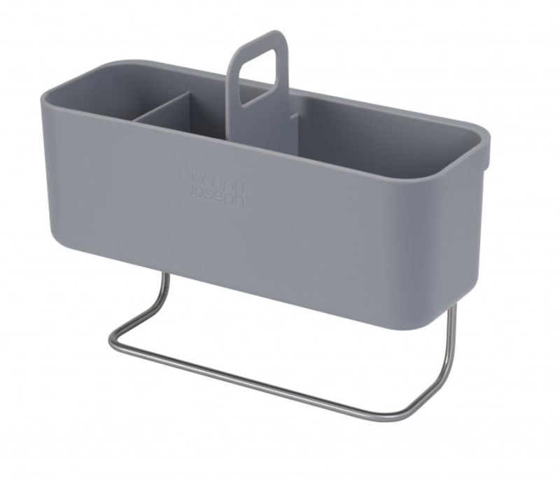 Joseph Joseph DoorStore In-cupboard Sink Tidy in grey, featuring a divided compartment, handle, and stainless-steel rail for organization.