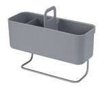 Joseph Joseph DoorStore In-cupboard Sink Tidy in grey, featuring a divided compartment, handle, and stainless-steel rail for organization.