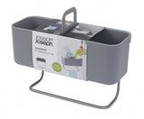 Joseph Joseph DoorStore Sink Tidy in grey, featuring compartments for cleaning supplies and a stainless-steel hanging rail.