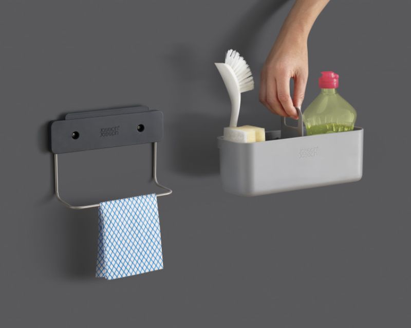 Joseph Joseph DoorStore In-cupboard Sink Tidy in grey, designed for organized storage of cleaning essentials inside cupboards.