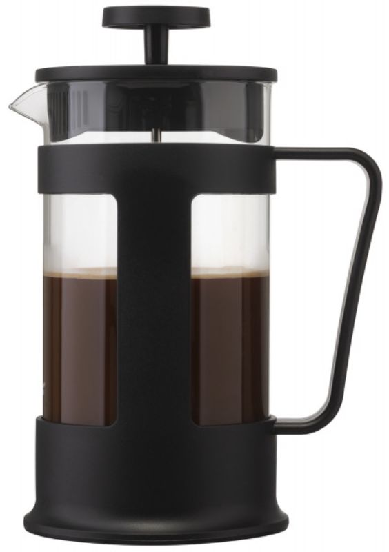 Sleek black 1.0L coffee plunger with borosilicate glass and ergonomic handle for rich, flavorful brews at home.