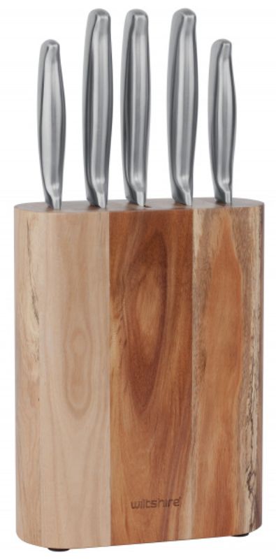 Wiltshire Metropolitan 6-piece stainless steel knife set in an acacia wood block, perfect for precision cutting and elegant storage.