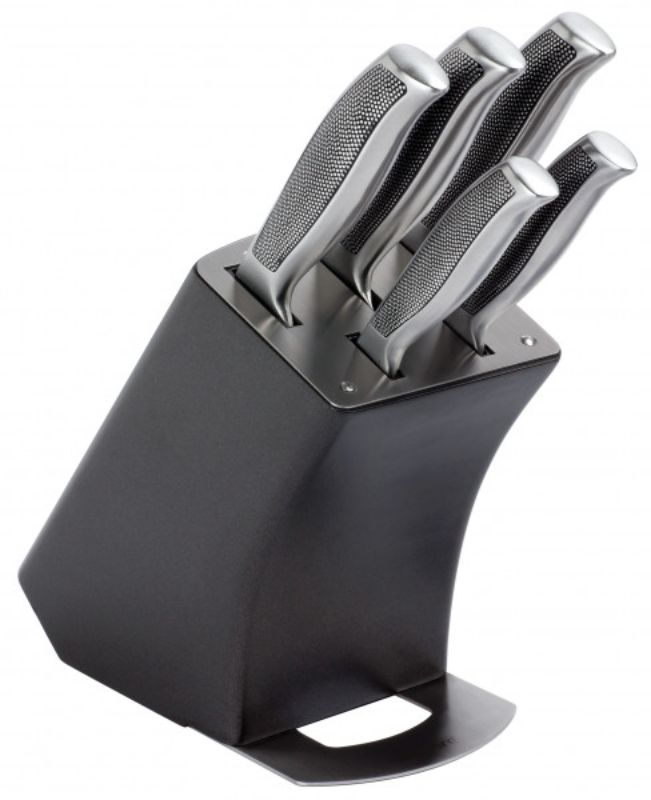 Wiltshire Finesse 6-piece stainless steel knife block set with ergonomic handles and contemporary wooden block design.