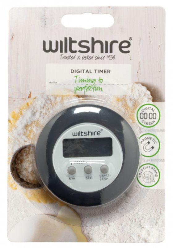 Stylish grey Wiltshire digital timer with large display, loud alarm, and versatile placement options for precise cooking.