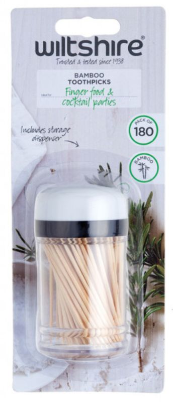 Eco-friendly Wiltshire bamboo toothpicks in a stylish dispenser, perfect for serving hors d'oeuvres and party platters.