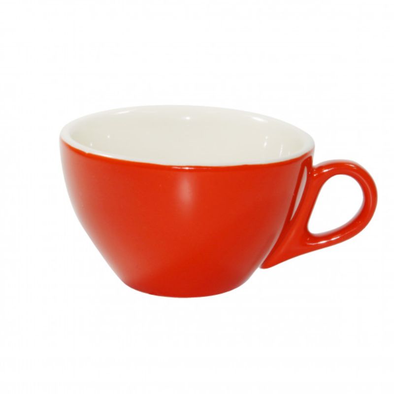 Set of 6 vibrant chilli red and white cappuccino cups, crafted from durable stoneware for stylish coffee enjoyment.