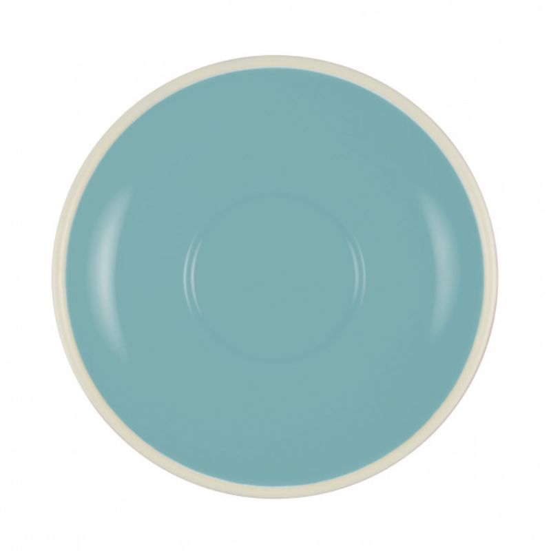 Set of 6 Maya Blue saucers, crafted from durable stoneware, ideal for enhancing tea and coffee presentations.