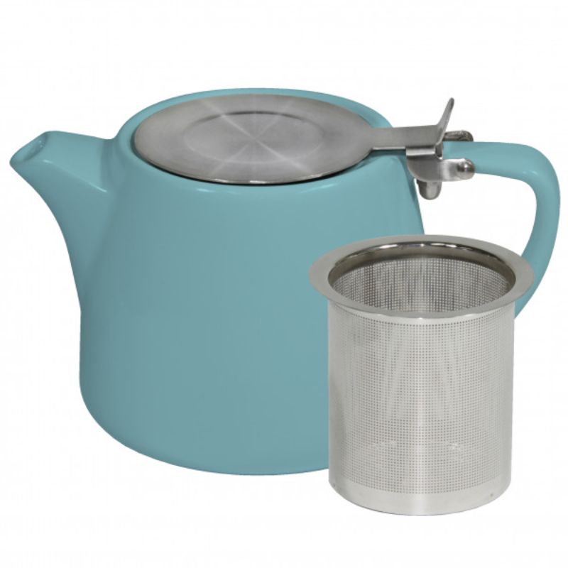 Stylish Maya Blue stackable teapot, 500ml, made from durable stoneware for home or café use; microwave and dishwasher safe.