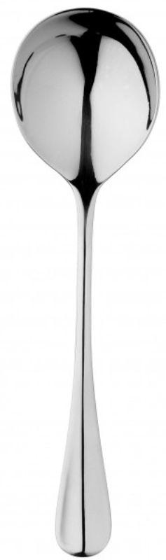 Elegant set of 12 Stanley Rogers Baguette soup spoons in premium stainless steel with a mirror polish finish.