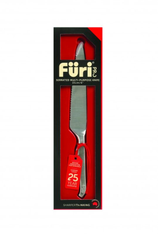 Furi Pro Serrated Knife 15cm, featuring a finely serrated edge for effortless slicing of tough-skinned fruits and cheeses.