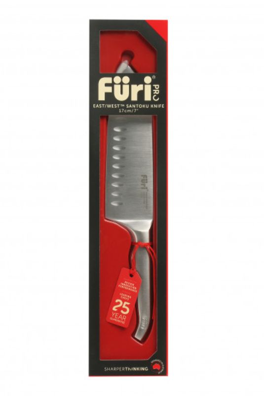 Furi Pro East/West Santoku Knife 17cm with Japanese stainless steel blade, innovative handle, and scalloped design for precision cutting.