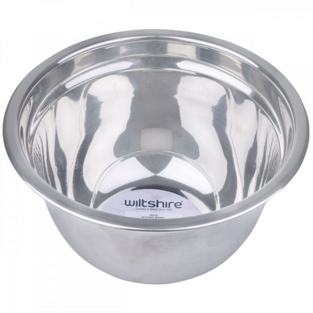 Stainless steel 18cm mixing bowl with mirror finish interior, satin exterior, and curved lip for easy mixing and pouring.