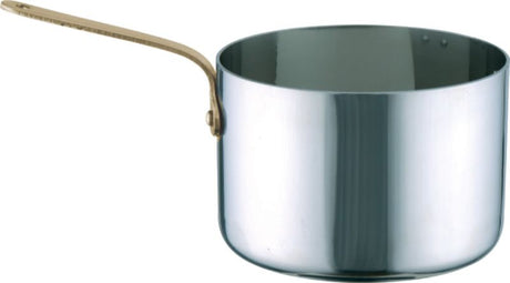 Chef Inox Mini Saucepan 50X30mm with brass handle, ideal for individual servings of sauces and desserts, oven-safe to 250°C.