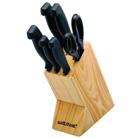 Wiltshire Laser Edge Knife Block set, featuring 7 high-quality knives in a stylish wooden block for efficient kitchen use.