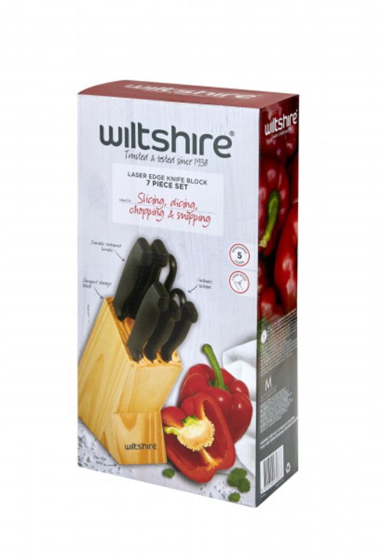 Wiltshire Laser Edge Knife Block set featuring 7 essential stainless steel knives in a stylish wooden holder.