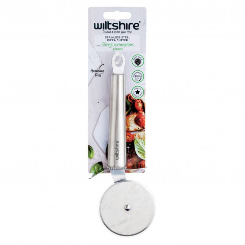 Sleek Wiltshire Fusion stainless steel pizza cutter with finger guard and modern handle, perfect for effortless slicing.