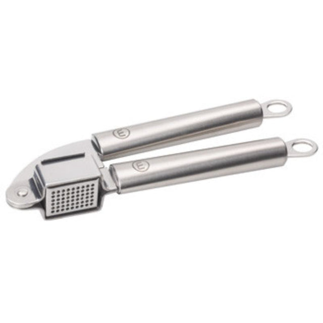 Stainless steel garlic press designed for easy crushing, enhancing flavor, and ergonomic comfort; dishwasher safe and durable.