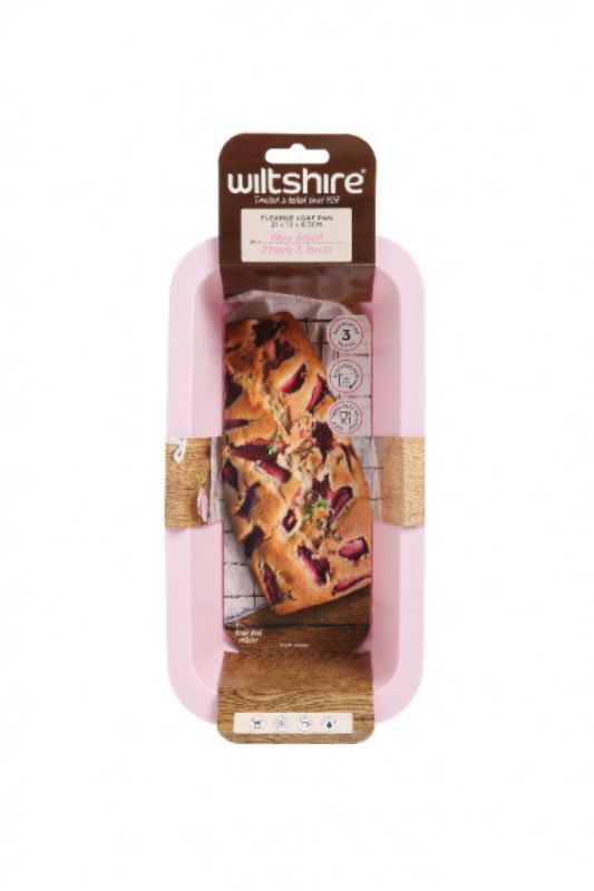 Wiltshire Flexible Loaf Pan in pale pink, non-stick, ideal for baking meat loaf, banana bread, and more, easy to store.