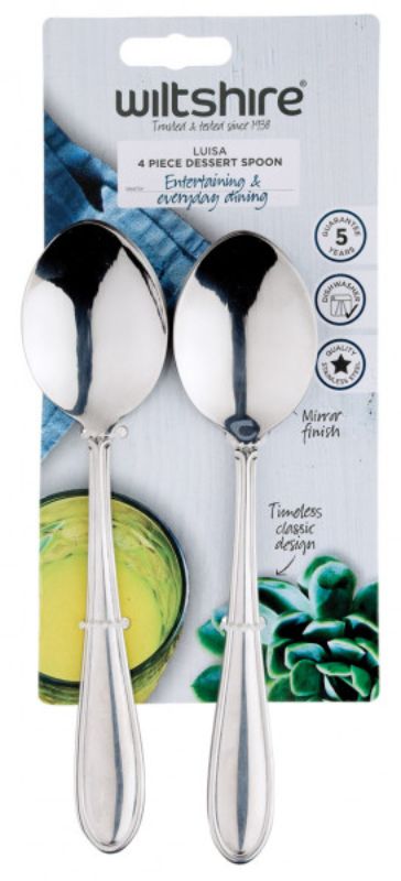 Elegant 4-piece stainless steel dessert spoon set with a mirror finish, perfect for stylish dining and easy cleanup.