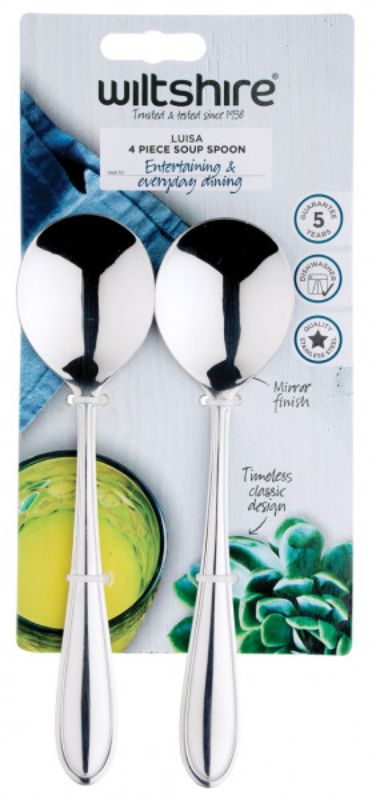 Set of 4 elegant stainless steel soup spoons with a modern mirror finish, perfect for everyday dining and dishwasher safe.