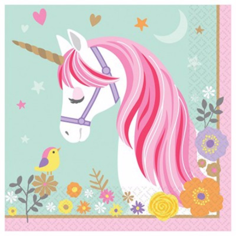 Colorful unicorn-themed luncheon napkins in a pack of 16, perfect for festive parties and magical gatherings.