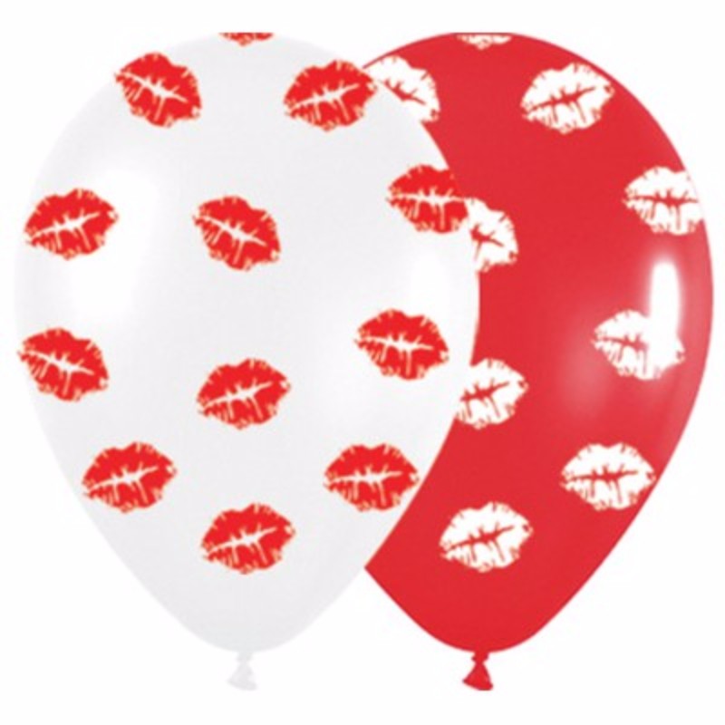 Vibrant pack of 12 red and white latex balloons with charming kiss graphics, perfect for romantic celebrations.