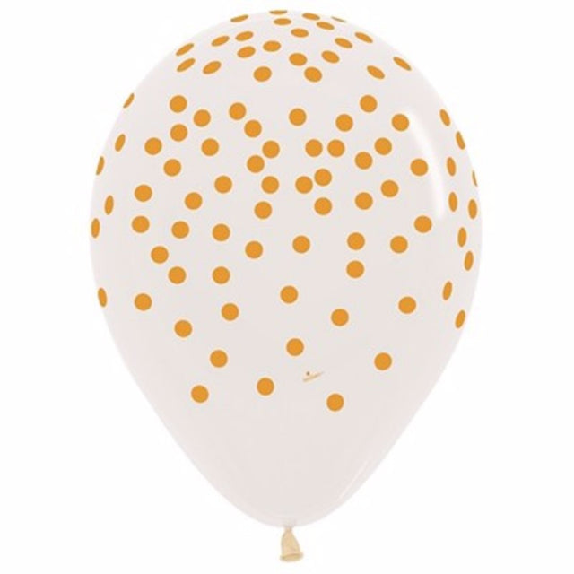 Pack of 12 30cm gold confetti crystal clear latex balloons, perfect for stylish parties and elegant celebrations.